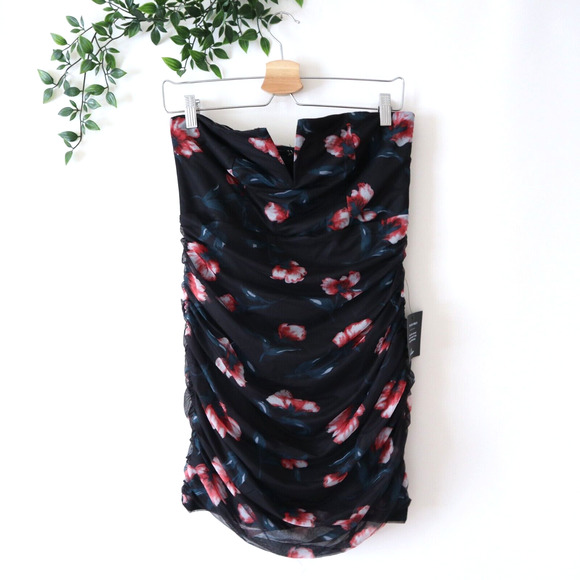 NEW Lulu's Black Pink Floral Mesh Overlay Strapless Dress Size Large - Picture 1 of 4